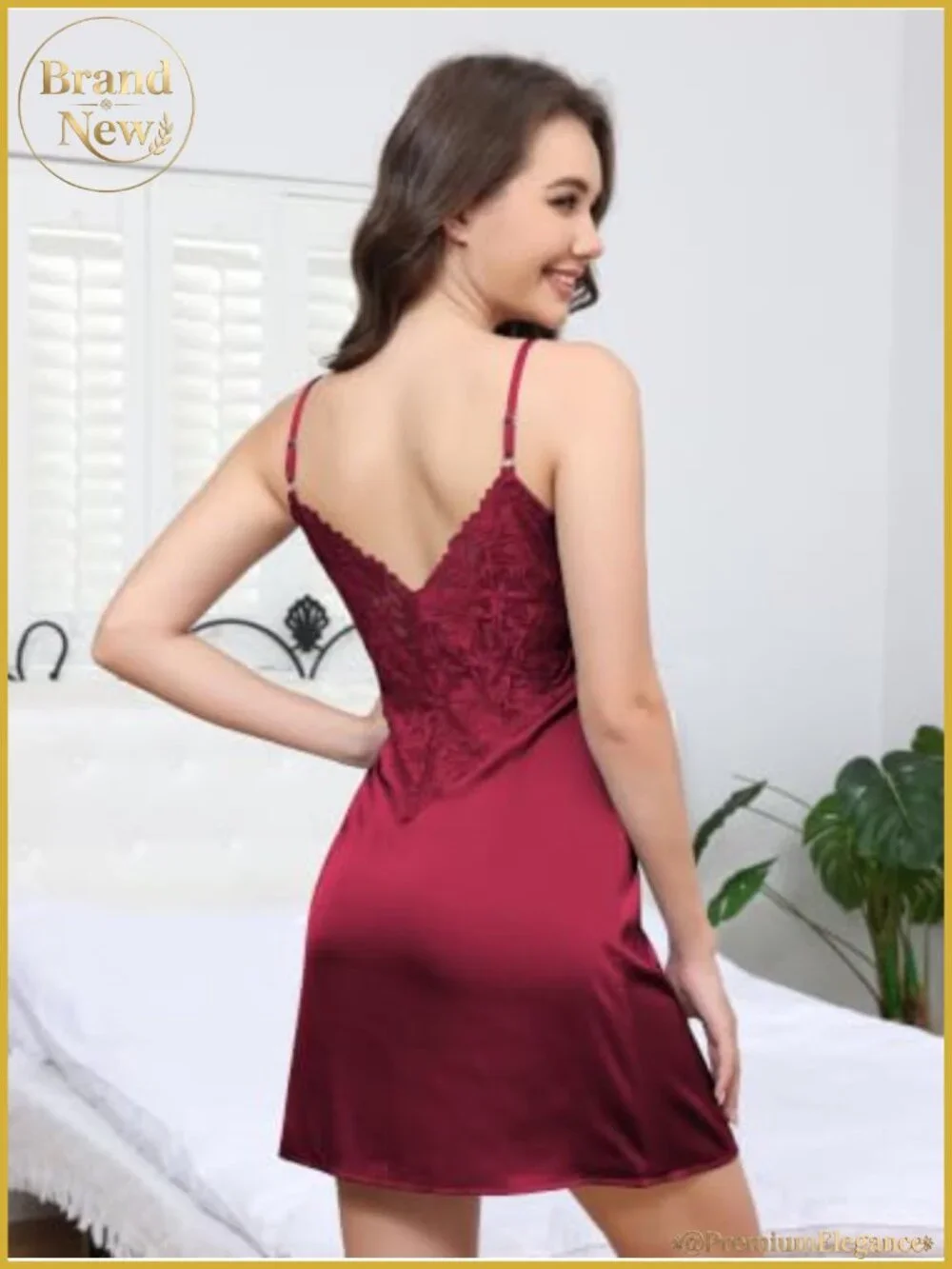 Satin Lace Trim Slip Nightgown with Adjustable Straps and V-Back